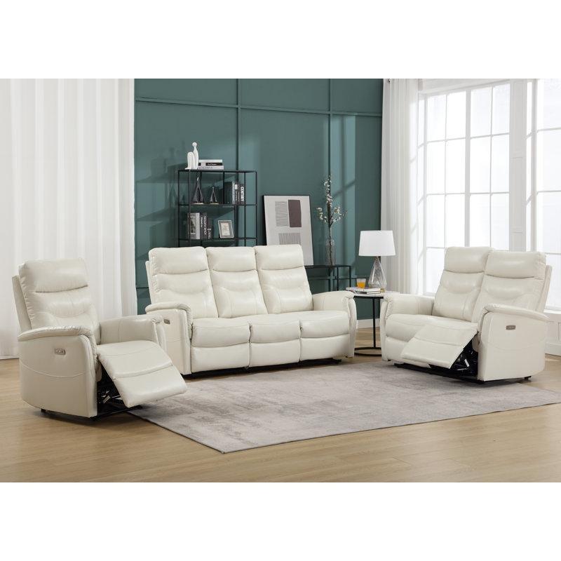 Fildişi Hakiki Deri Elektrikli Mekanizmalı USB Portlu 3 Parça Koltuk Takımı - 191665