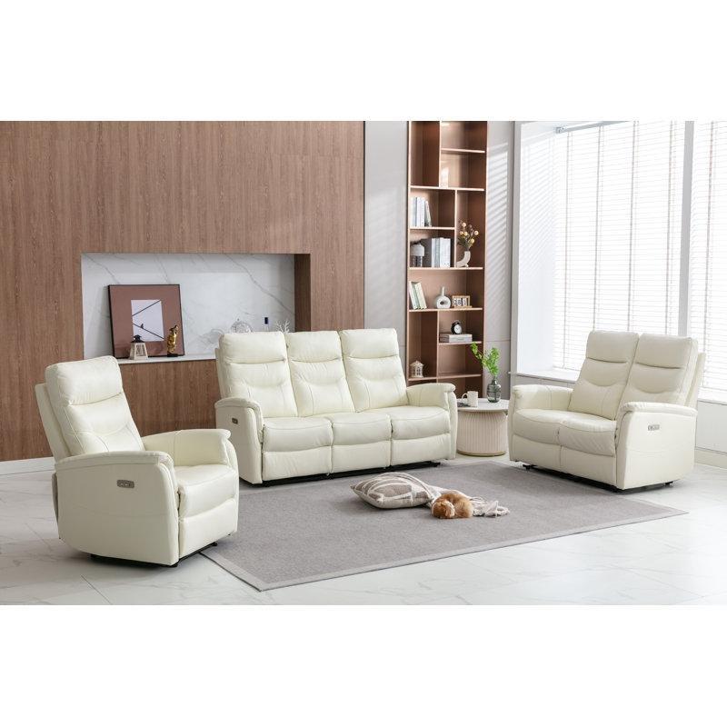 Fildişi Hakiki Deri Elektrikli Mekanizmalı USB Portlu 3 Parça Koltuk Takımı - 191665