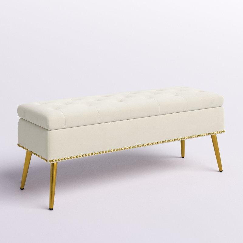 Fildişi Kadife Kapitoneli Gold Metal Ayaklı Sandıklı Bench - 116 cm - 164575