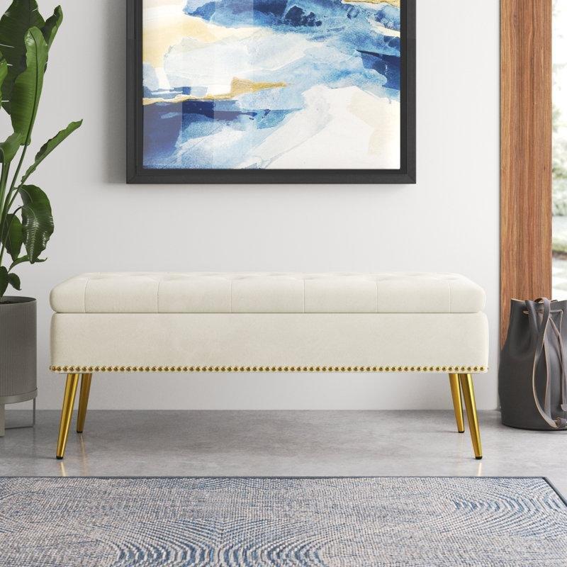 Fildişi Kadife Kapitoneli Gold Metal Ayaklı Sandıklı Bench - 116 cm - 164575 Fildişi Kadife Kapitoneli Gold Metal Ayaklı Sandıklı Bench - 116 cm - 164575