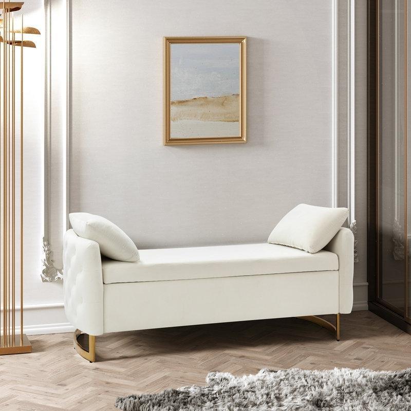 Fildişi Kadife Kapitoneli Sandıklı Gold Metal Ayaklı Bench - 149 cm - 164596