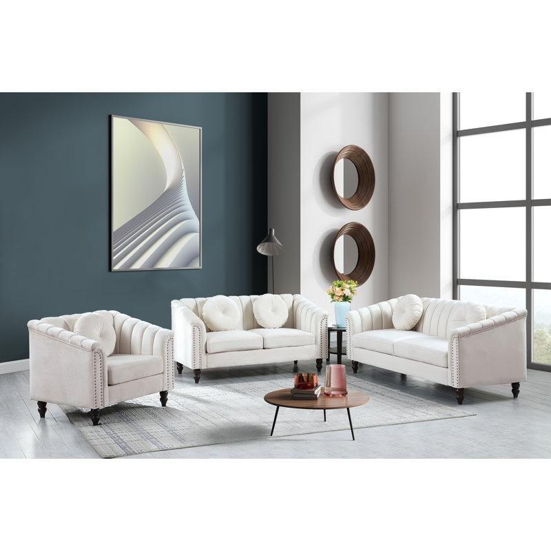 Fildişi Kadife Kapitoneli Zımba Detaylı Koltuk Takımı - 192279