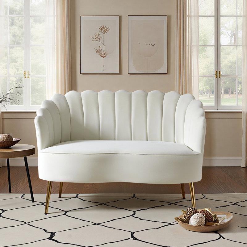 Fildişi Kadife Metal Ayaklı Deniz Kabuğu Sırtlı Kapitoneli İkili Koltuk - 128 cm - 197445