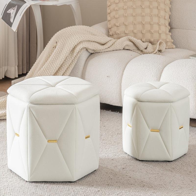 Fildişi Kadife Saklama Kutulu Gold Detaylı Altıgen 2li Makyaj Masası Pufu Seti - 47x42 cm - 232854