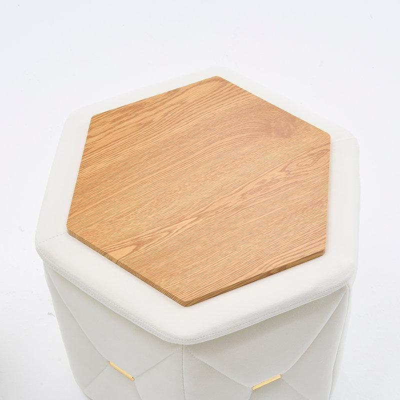 Fildişi Kadife Saklama Kutulu Gold Detaylı Altıgen 2li Makyaj Masası Pufu Seti - 47x42 cm - 232854