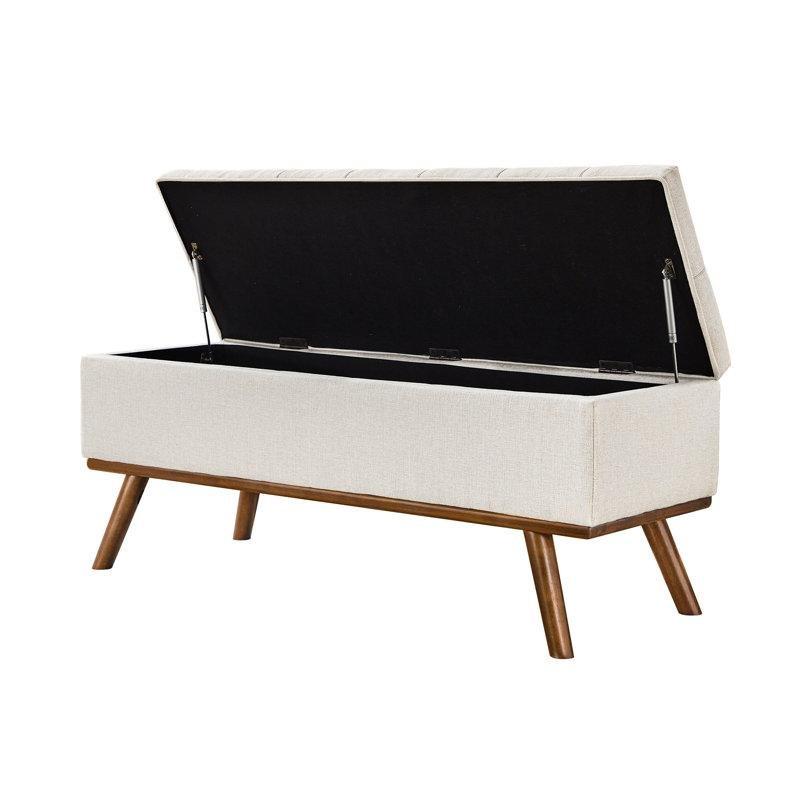 Fildişi Keten Kumaş Kapitoneli Sandıklı Masif Ahşap Ayaklı Bench - 128 cm - 164671