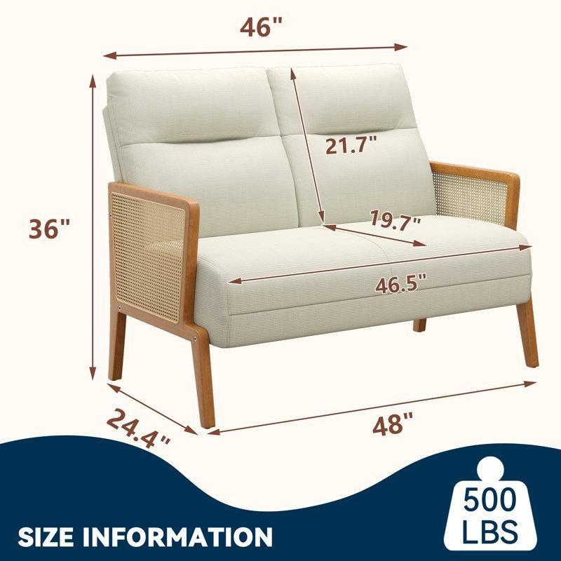 Fildişi Keten Rattan Detaylı Metal İskeletli İkili Koltuk - 122 cm - 205791