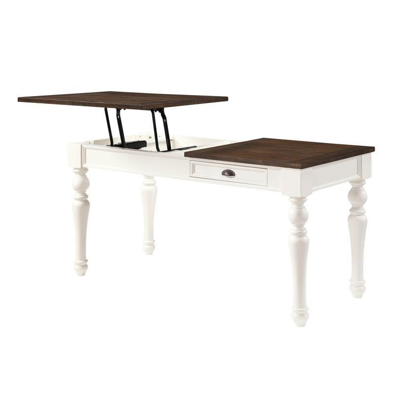 Fildişi Masif Ahşap Ayaklı Moka MDF Tablalı Yüksekliği Ayarlanabilir Çekmeceli Vintage Çalışma Masası - 153x72 cm - 234303