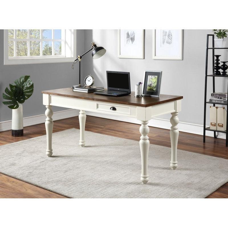 Fildişi Masif Ahşap Ayaklı Moka MDF Tablalı Yüksekliği Ayarlanabilir Çekmeceli Vintage Çalışma Masası - 153x72 cm - 234303