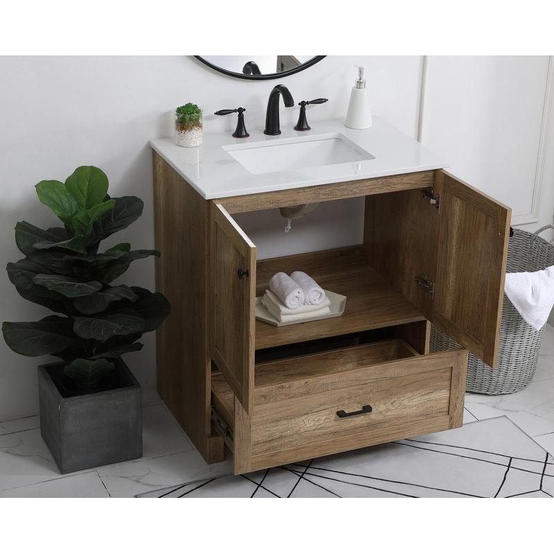 Fildişi Mermer Kompozit Tezgahlı Ahşap Desenli MDF Yavaş Kapanır Çekmeceli Banyo Lavabo Dolabı - 77 cm - 198136