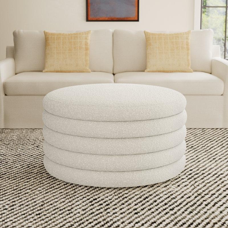 Fildişi Rengi Buklet Kumaş Kapitoneli Sandıklı Yuvarlak Puf - 92 cm - 164956