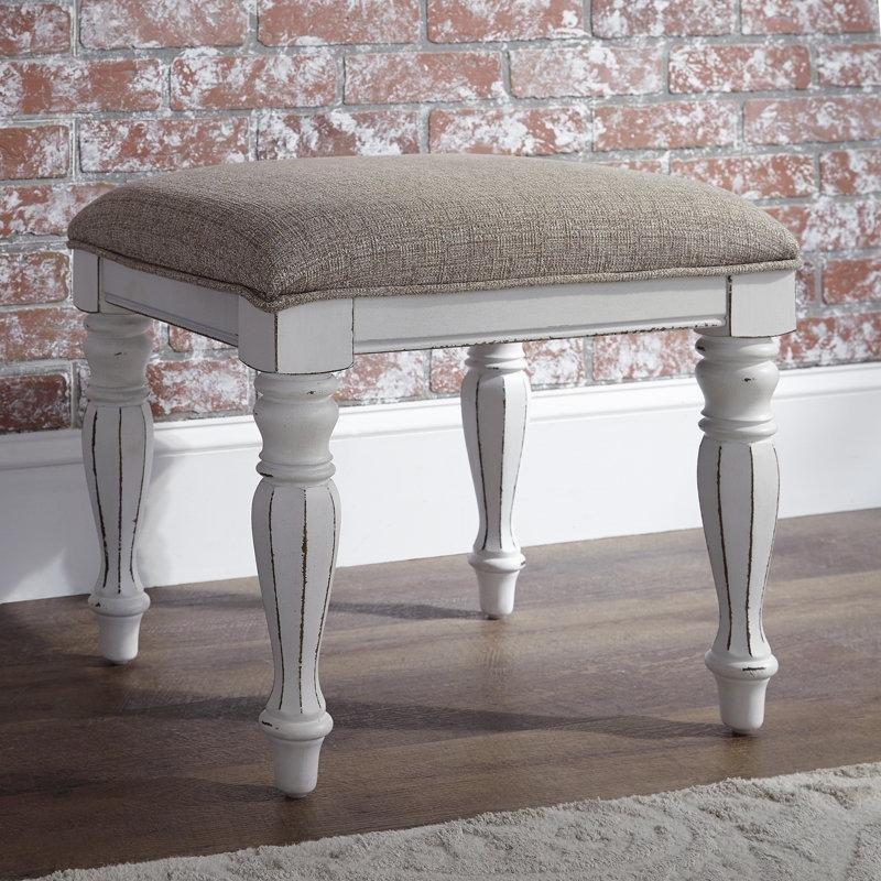 Fildişi Şönil Kumaş Antik Beyaz Masif Ahşap Tornalı Ayaklı Eskitme Makyaj Masası Pufu - 46x41x46 cm - 233935