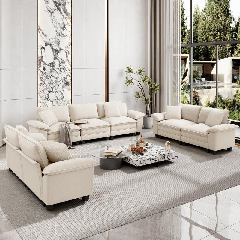 Fildişi Şönil Kumaş Modüler Geniş Oturumlu 3 Parçalı Koltuk Takımı - 192407