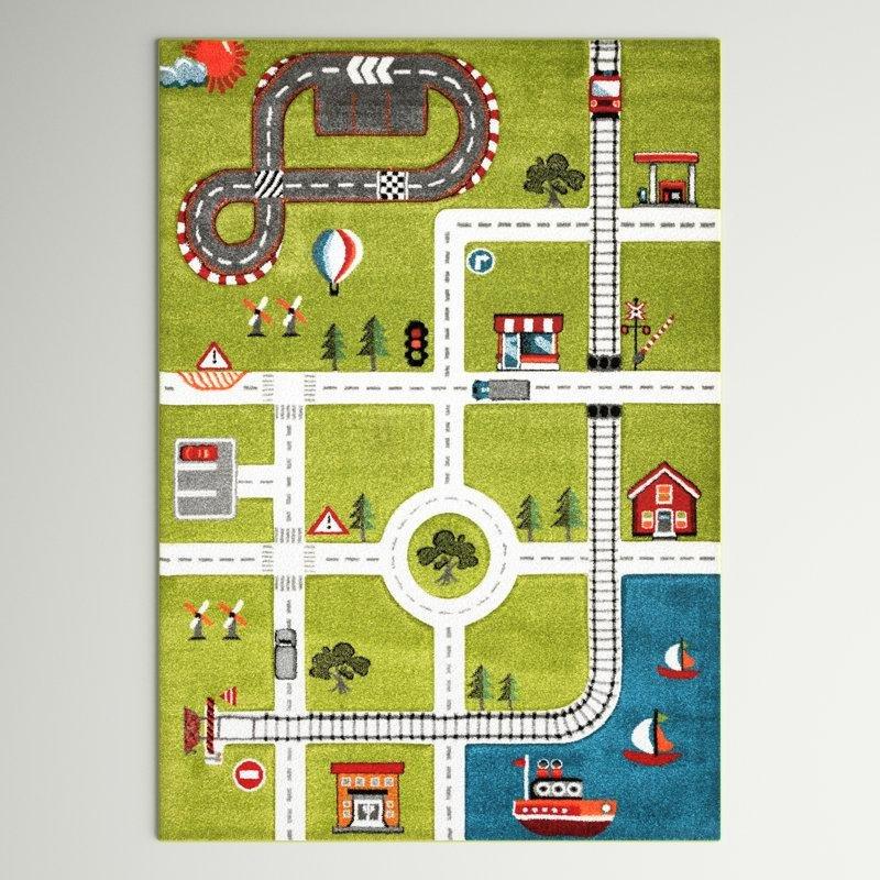 Fildişi Yeşil Araba Yolu Desenli Polipropilen Leke Tutmaz Oyun Halısı - 160x229 cm - 182585