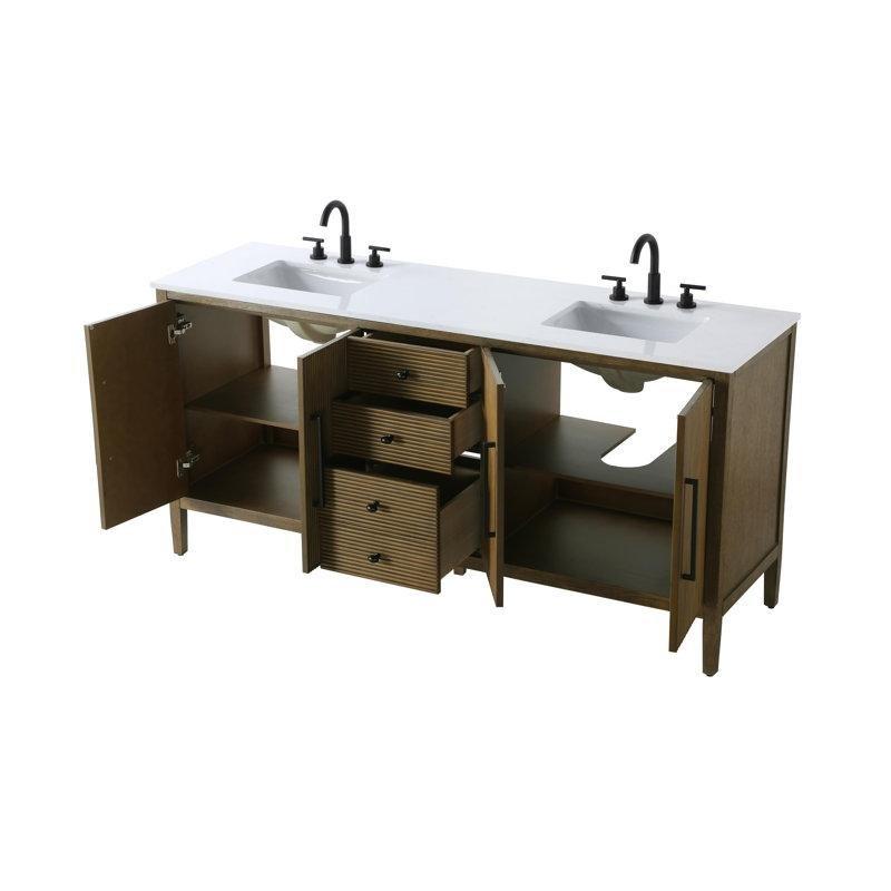 Fındık Meşe Masif Ahşap Yavaş Kapanır Çekmeceli Yivli İkili Banyo Lavabo Dolabı - 183 cm - 198851