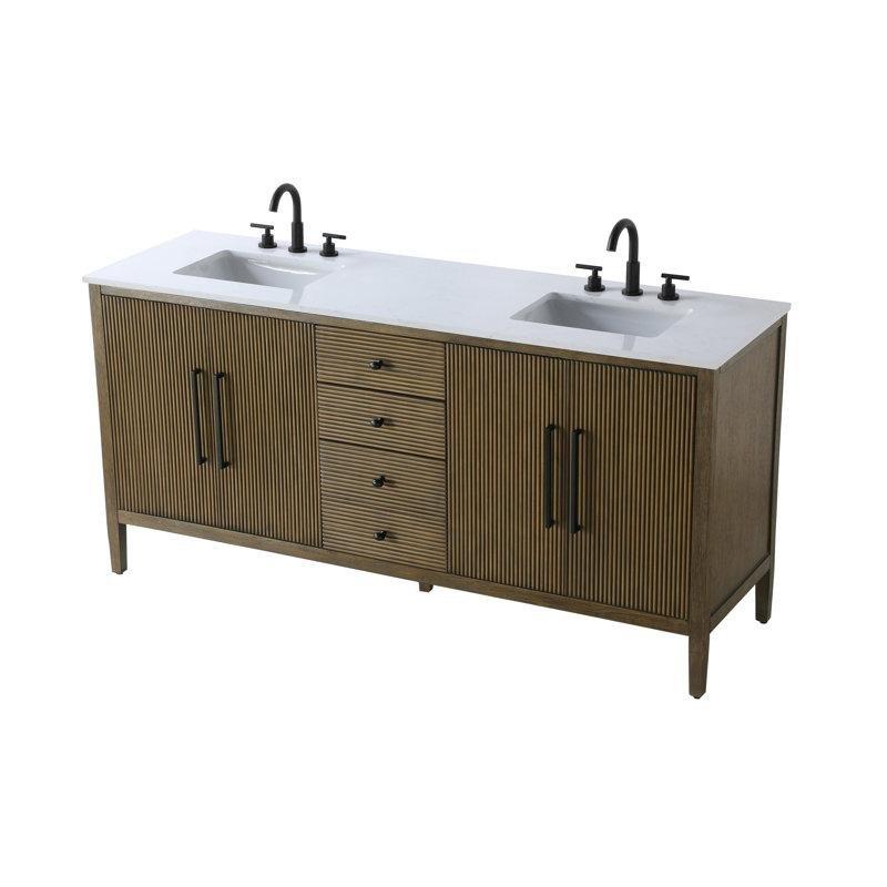 Fındık Meşe Masif Ahşap Yavaş Kapanır Çekmeceli Yivli İkili Banyo Lavabo Dolabı - 183 cm - 198851