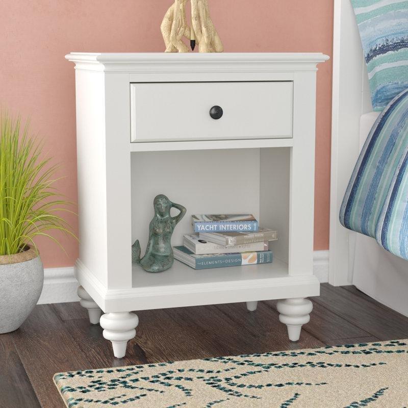 Fırçalanmış Beyaz Maun Ağacı Tek Çekmeceli Raflı Topuz Ayaklı Komodin - 54 cm - 222599
