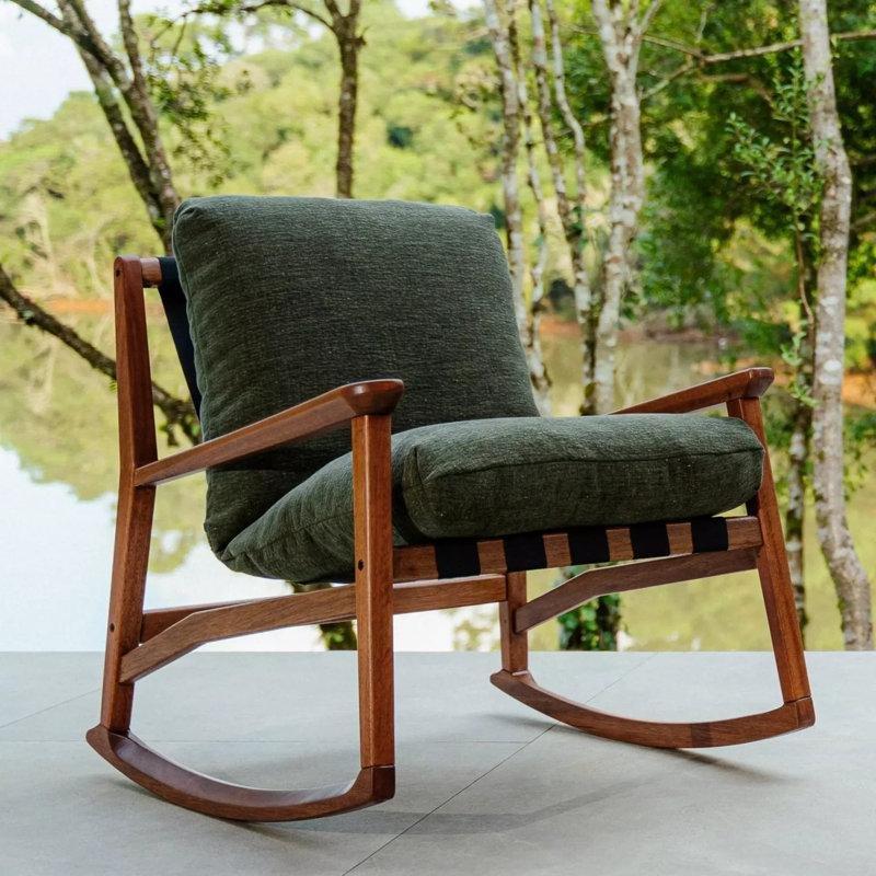Fırçalanmış Ceviz Masif Okaliptüs Ahşap Yosun Yeşili Yastıklı Sallanan Sandalye - 72x85 cm - 218600