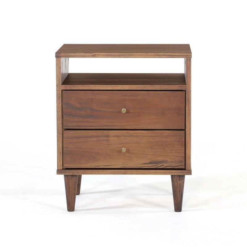 Fırçalanmış Ceviz Rengi Masif Çam İki Çekmeceli ve Raflı Komodin - 51x42 cm - 222969