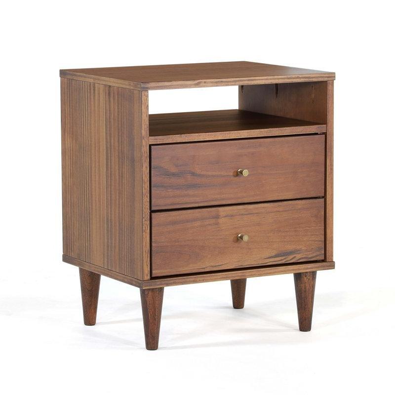 Fırçalanmış Ceviz Rengi Masif Çam İki Çekmeceli ve Raflı Komodin - 51x42 cm - 222969