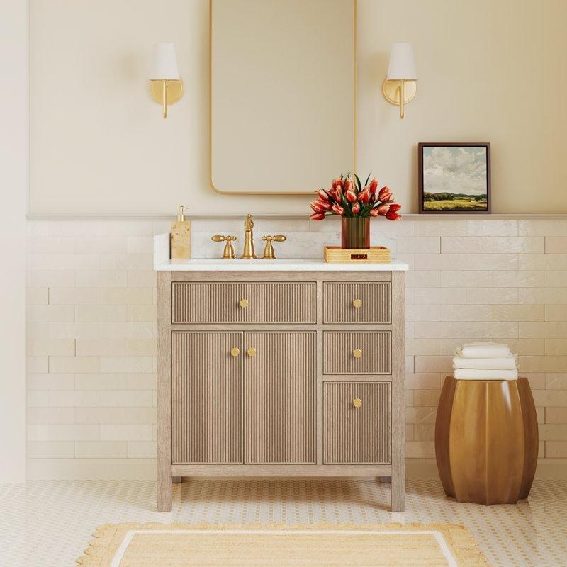 Fırçalanmış Gold Kulplu Ladin Ağacı Yivli Kapaklı Banyo Lavabo Dolabı - 92 cm - 198099