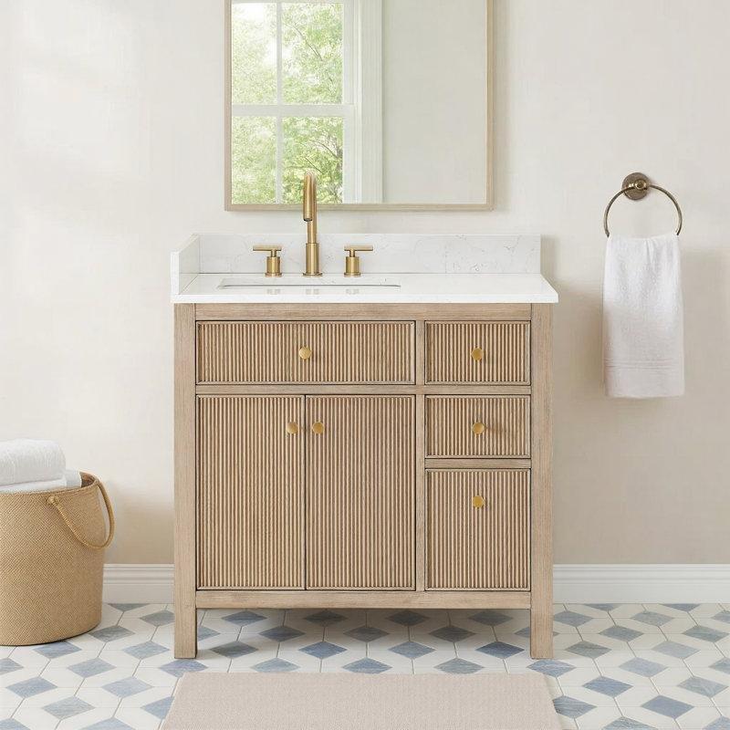 Fırçalanmış Gold Kulplu Ladin Ağacı Yivli Kapaklı Banyo Lavabo Dolabı - 92 cm - 198099
