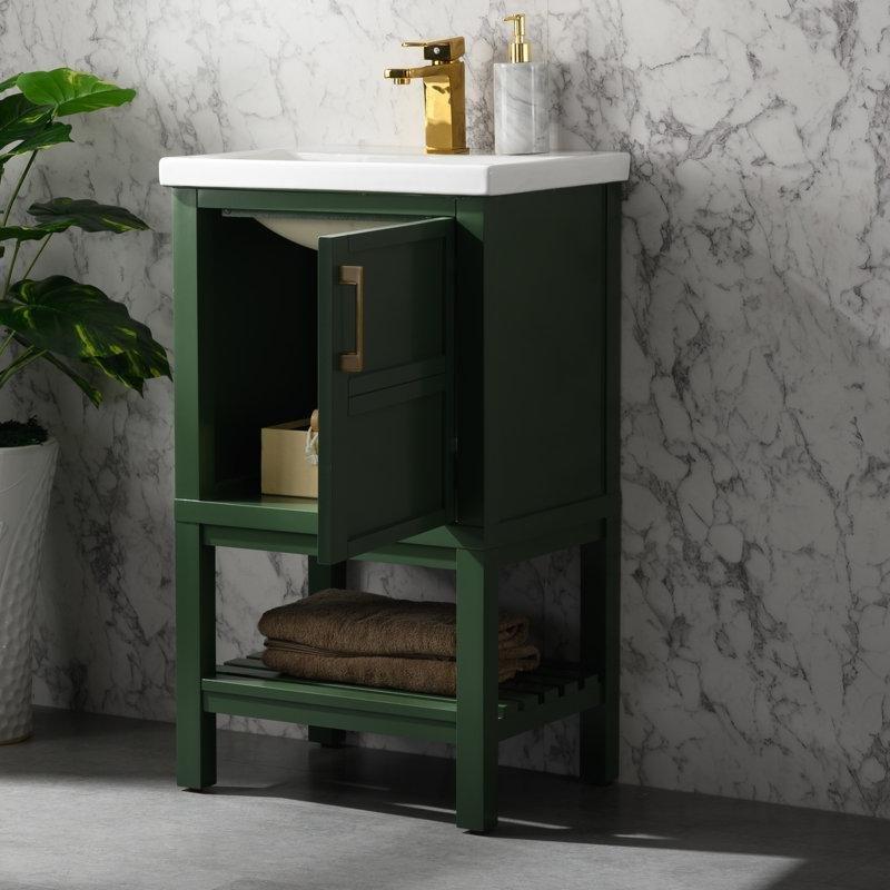 Fırçalanmış Gold Kulplu Masif Ahşap Ayaklı Seramik Lavabolu Banyo Dolabı - 51 cm - 200750