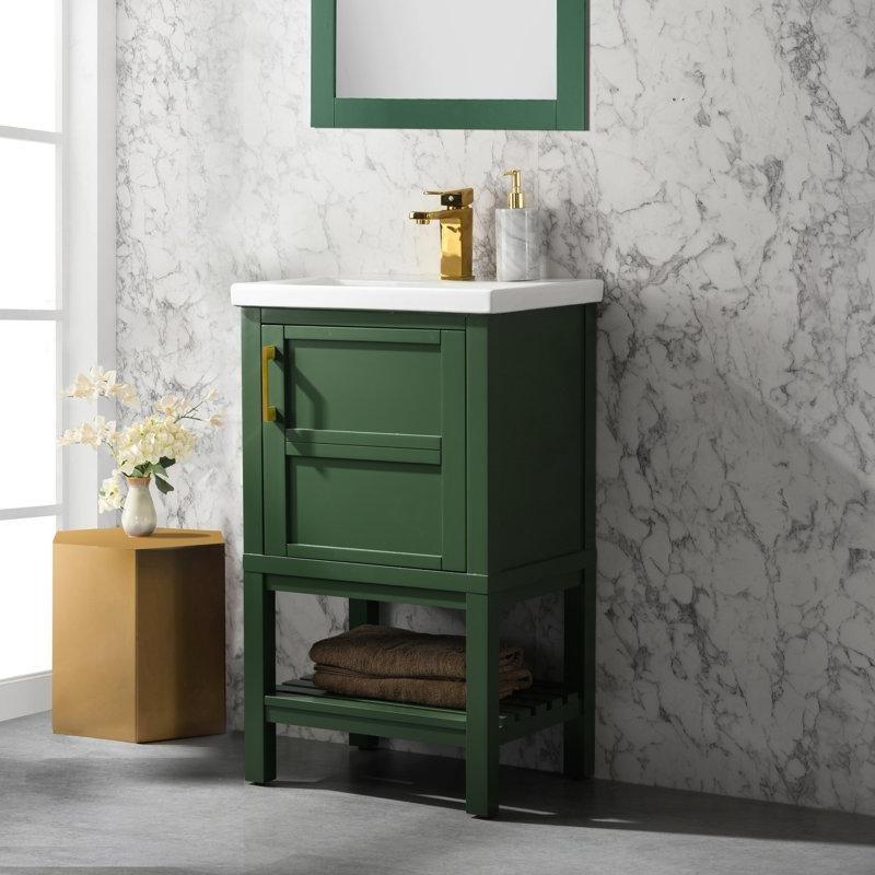 Fırçalanmış Gold Kulplu Masif Ahşap Ayaklı Seramik Lavabolu Banyo Dolabı - 51 cm - 200750