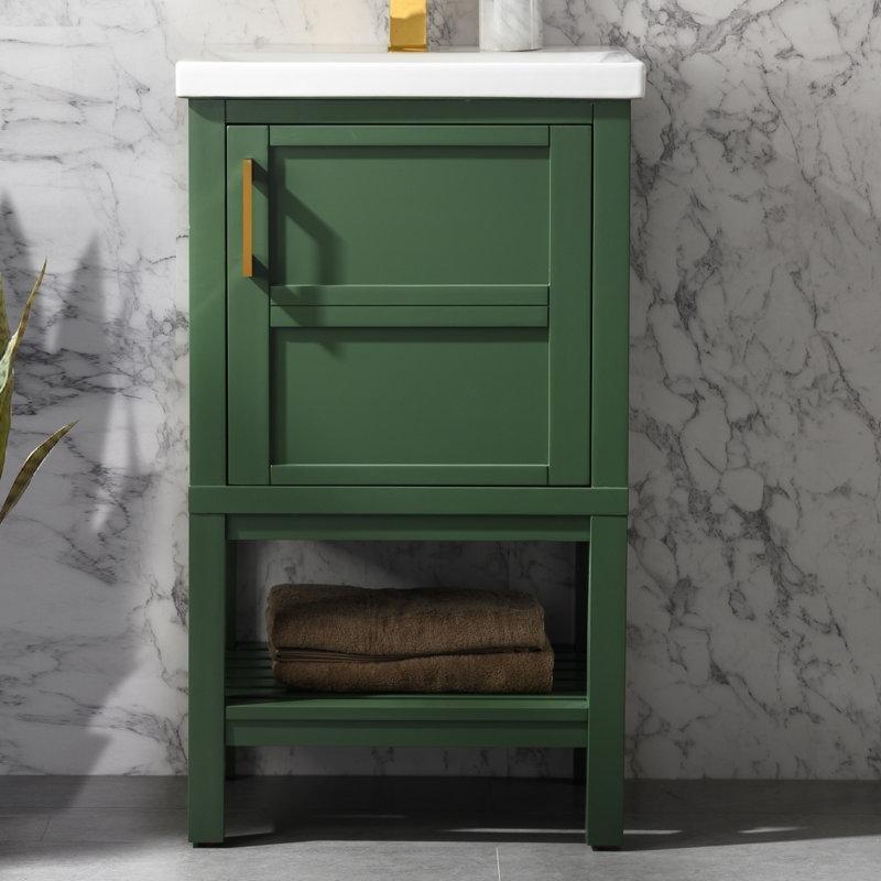 Fırçalanmış Gold Kulplu Masif Ahşap Ayaklı Seramik Lavabolu Banyo Dolabı - 51 cm - 200750