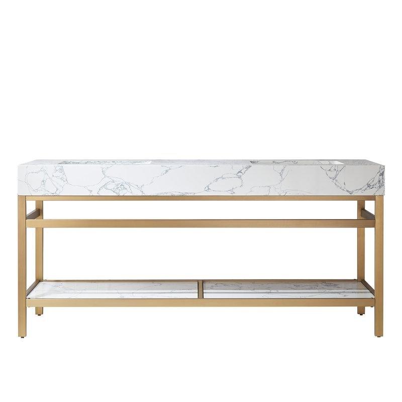 Fırçalanmış Gold Paslanmaz Çelik İkili Lavabolu Kompozit Taş Tezgahlı Banyo Dolabı - 183 cm - 197617