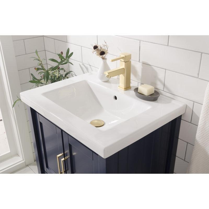 Fırçalanmış Pirinç Kulplu Beyaz Seramik Tezgahlı Kavak Ağacı Ayaklı Banyo Lavabo Dolabı - 61 cm - 199413