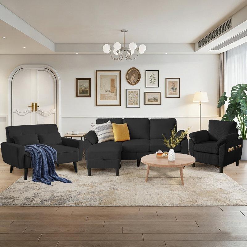 Fitilli Kadife 4 Parça Çift Yönlü Puflu Masif ve Endüstriyel Ahşap Koltuk Takımı - 192419