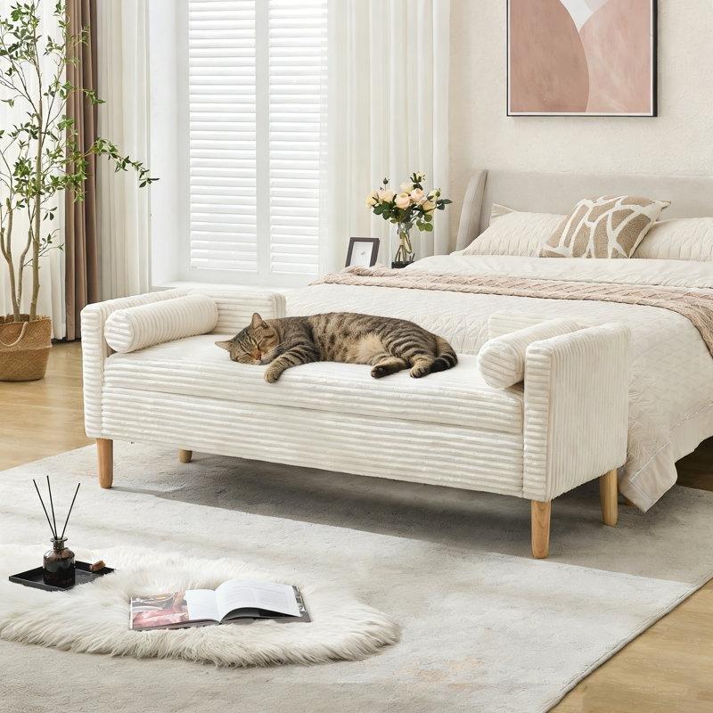 Fitilli Kadife Kumaş Ahşap Ayaklı Sandıklı Kolçaklı Bench - 166 cm - 164482