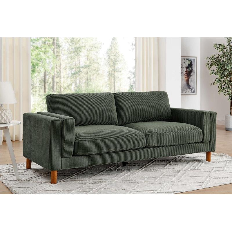 Fitilli Kadife Kumaş Çift Taraflı Minderli Masif Ahşap Bacaklı Üçlü Koltuk - 221 cm - 195643