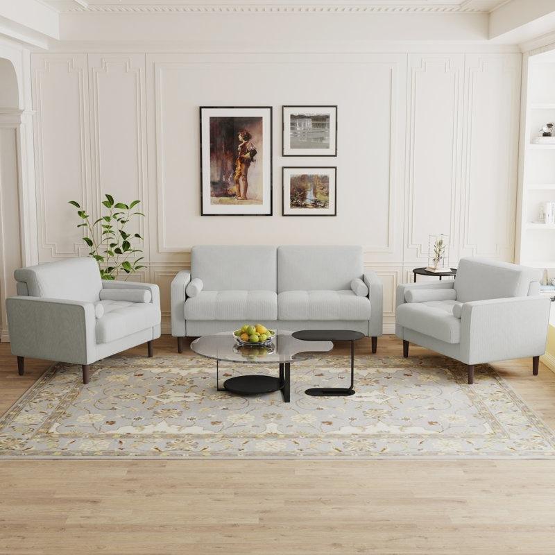 Fitilli Kadife Kumaş Masif Ahşap İskeletli 3 Parça Koltuk Takımı - 192392