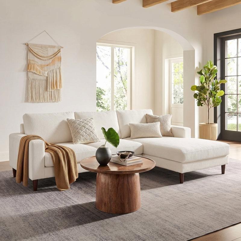 Fitilli Kadife Kumaş Masif Ahşap Yönü Değiştirilebilir Şezlonglu L Koltuk Takımı - 224 cm - 194499