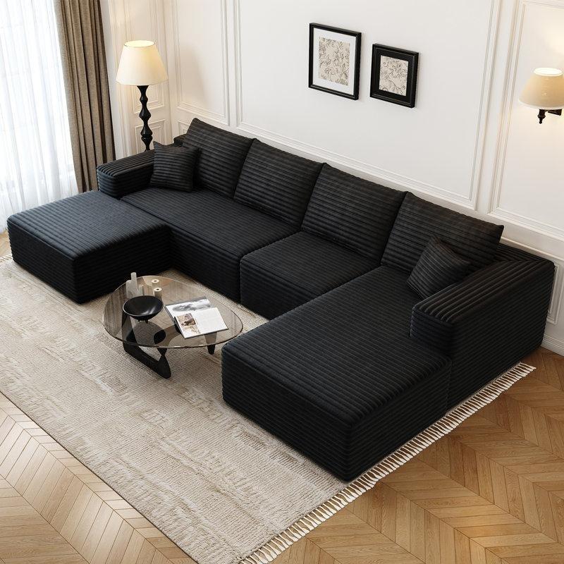 Fitilli Kadife Kumaş Modüler U Şekilli Puf Dahil Köşe Koltuk Takımı - 344 cm - 195911