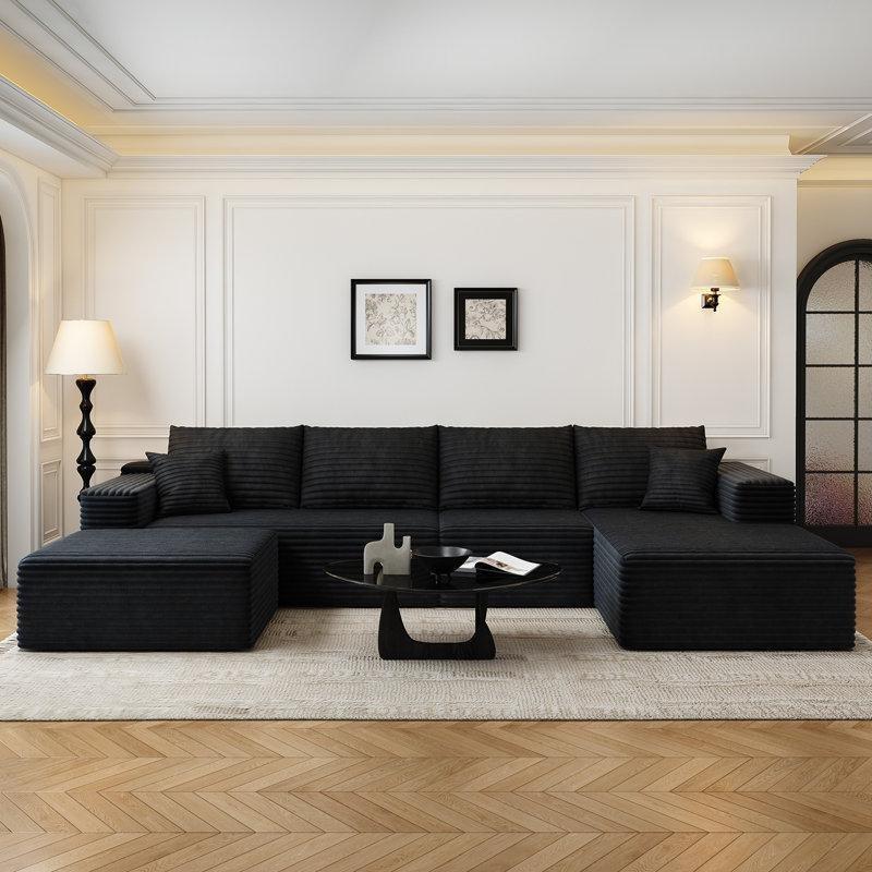 Fitilli Kadife Kumaş Modüler U Şekilli Puf Dahil Köşe Koltuk Takımı - 344 cm - 195911