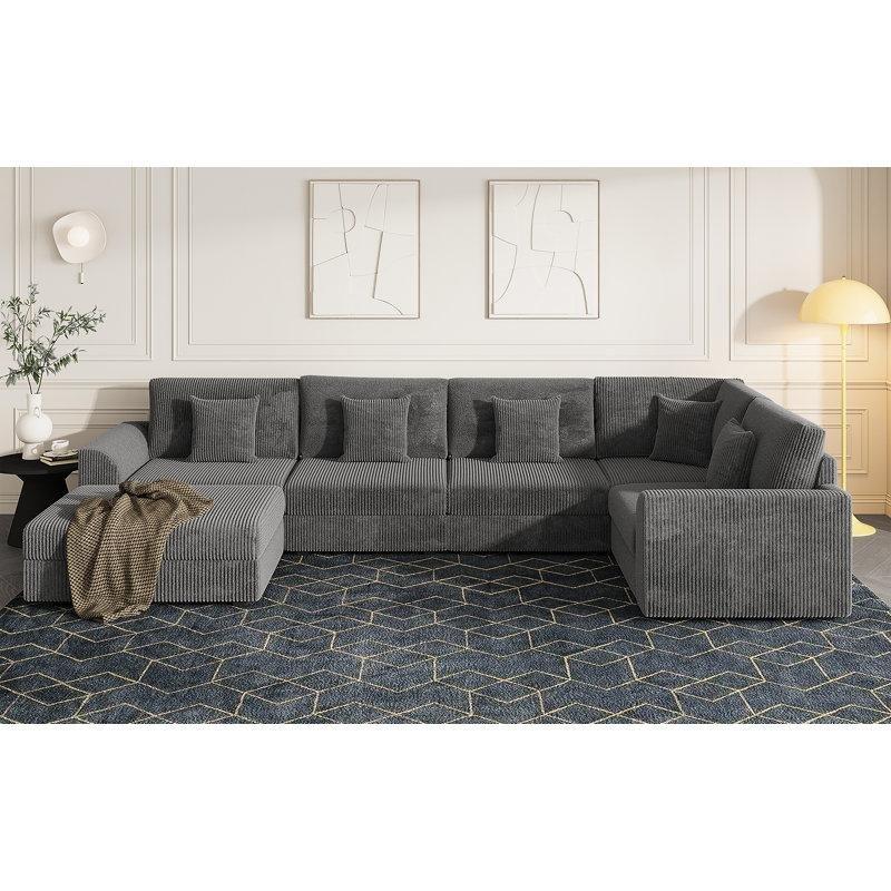 Fitilli Kadife Kumaş Modüler Yataklı U Şeklinde 6 Parça Köşe Koltuk Takımı - 371x198 cm - 193698