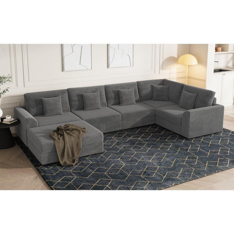 Fitilli Kadife Kumaş Modüler Yataklı U Şeklinde 6 Parça Köşe Koltuk Takımı - 371x198 cm - 193698