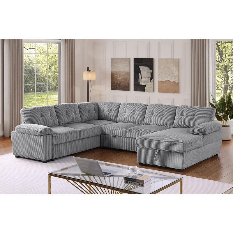 Fitilli Kadife Kumaş Yataklı Depolamalı Masif Ahşap U Köşe Koltuk Takımı - 299x235 cm - 194608