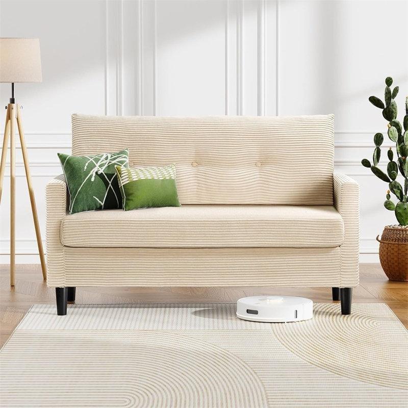 Fitilli Kadife Masif Ahşap Düğme Detaylı İkili Koltuk - 127x81x89 cm - 206205