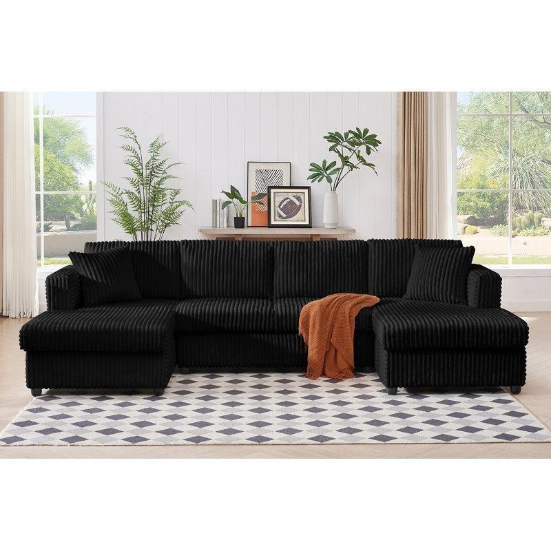 Fitilli Kadife Masif Ahşap Modüler U Şekilli 4 Kişilik Köşe Koltuk Takımı - 312 cm - 194604