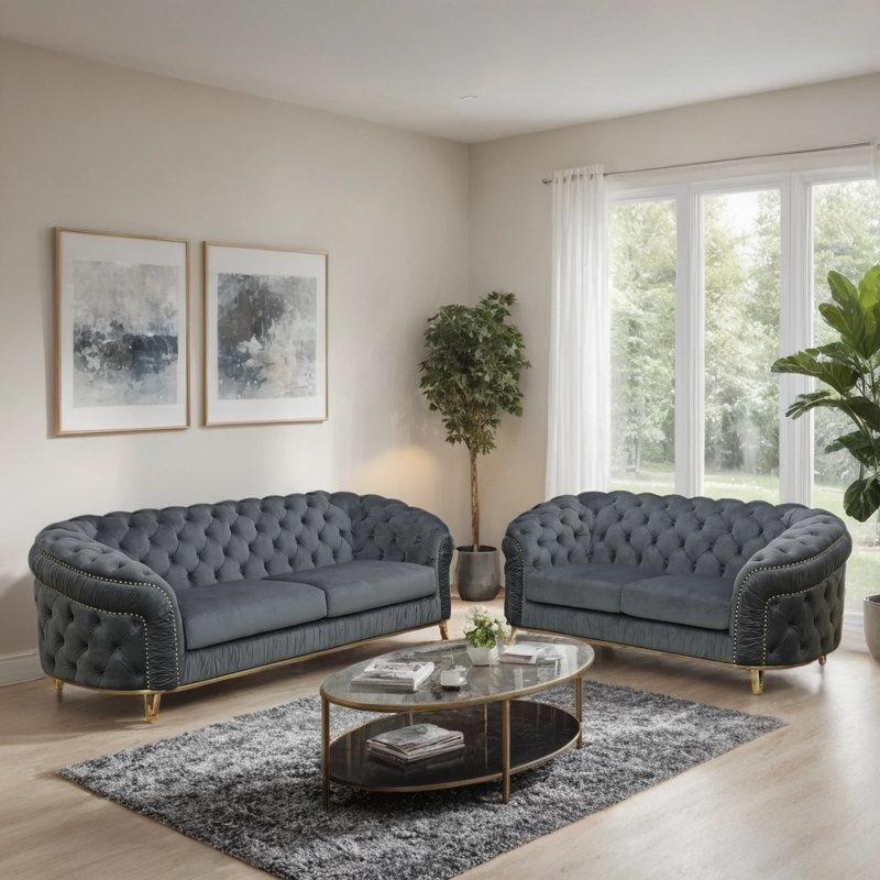 Flanel Kumaş Metal Ayaklı Chesterfield Zımba Detaylı Koltuk Takımı - 191521