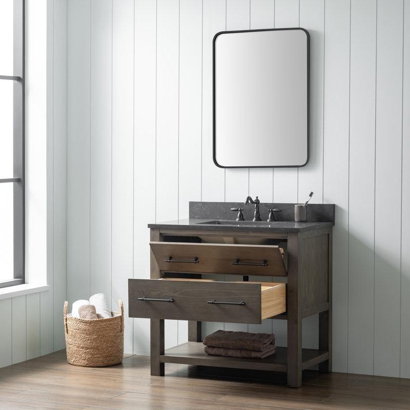Füme Gri Masif Ahşap Mavi Kalker Tezgahlı Yavaş Kapanır Çekmeceli Ayaklı Banyo Lavabo Dolabı - 92 cm - 198648