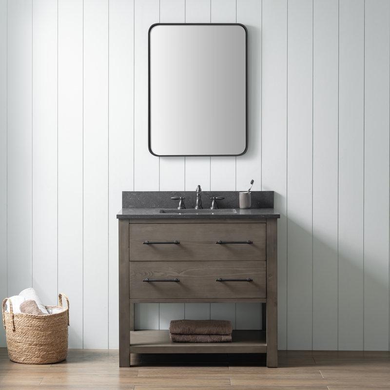 Füme Gri Masif Ahşap Mavi Kalker Tezgahlı Yavaş Kapanır Çekmeceli Ayaklı Banyo Lavabo Dolabı - 92 cm - 198648