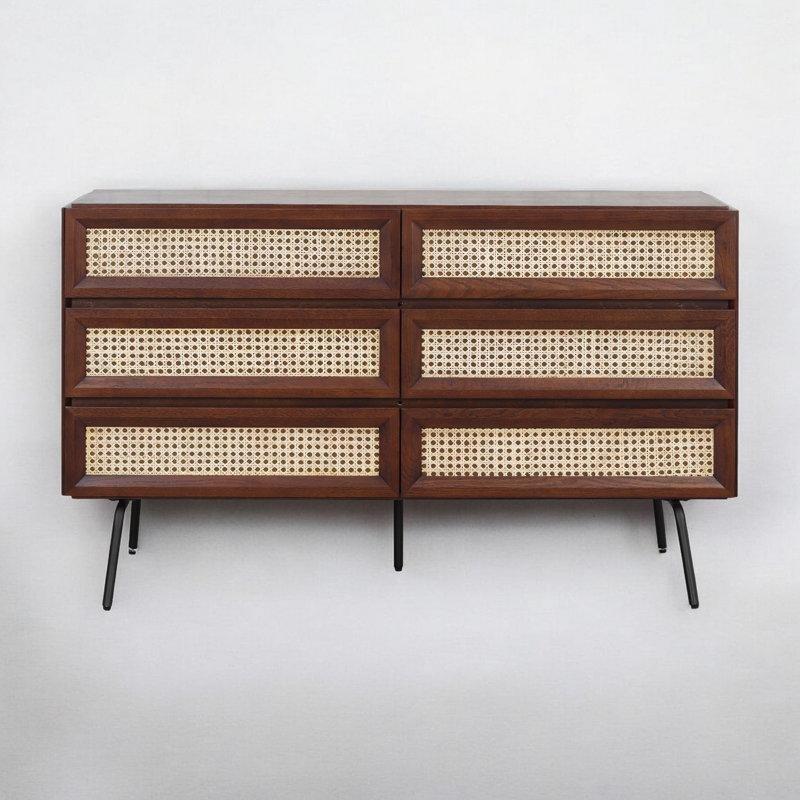 Füme Siyah Masif Ahşap ve Rattan 6 Çekmeceli Bohem Şifonyer - 133x41x76 cm - 181922