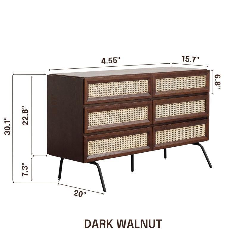 Füme Siyah Masif Ahşap ve Rattan 6 Çekmeceli Bohem Şifonyer - 133x41x76 cm - 181922