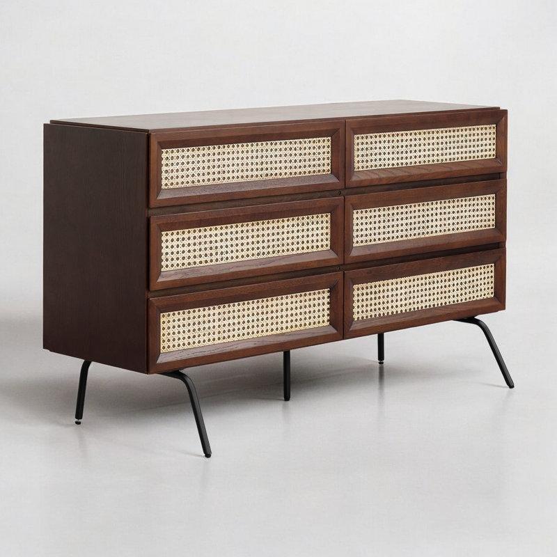 Füme Siyah Masif Ahşap ve Rattan 6 Çekmeceli Bohem Şifonyer - 133x41x76 cm - 181922