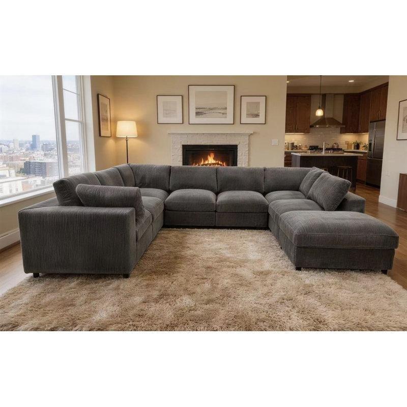 Gece Grisi Fitilli Kadife Puflu Modüler Köşe Koltuk - 407x265 cm - 192693